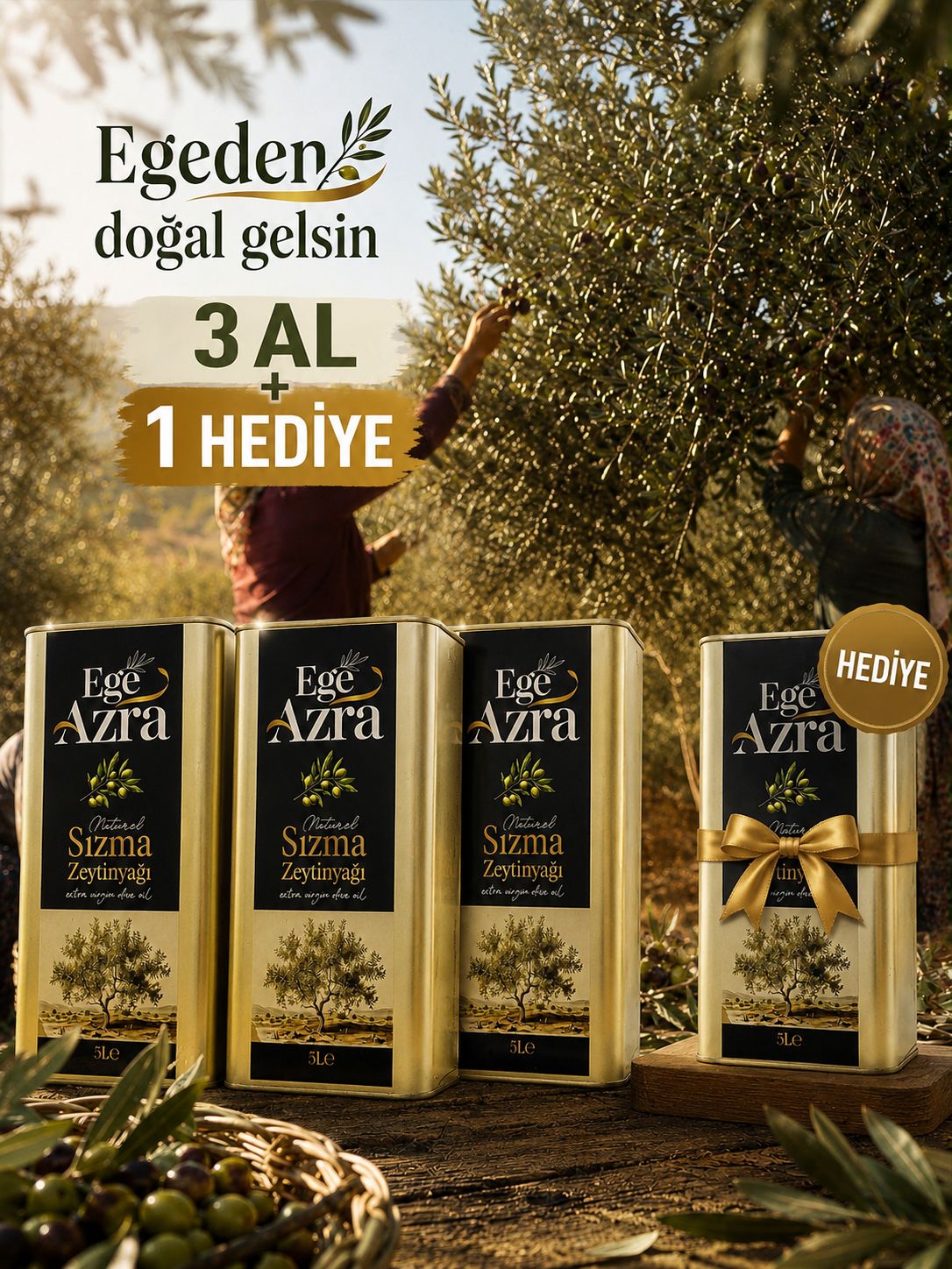 3 AL 1 HEDİYE — Ege Azra Natürel Sızma Zeytinyağı 5 L Teneke (4 x 5 L, Aydın Yöresi) – ürün fotoğrafı