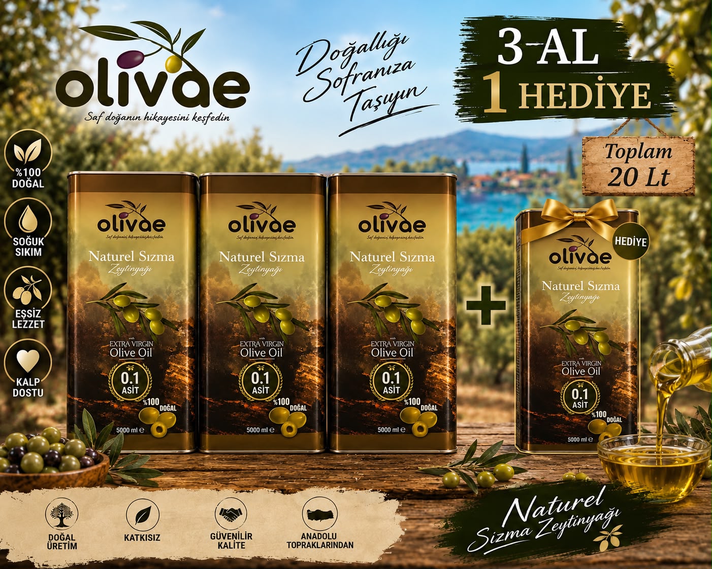 3 al 1 hediye Olivae Natürel Sızma Zeytinyağı, 4 x 5 L teneke – ürün görseli